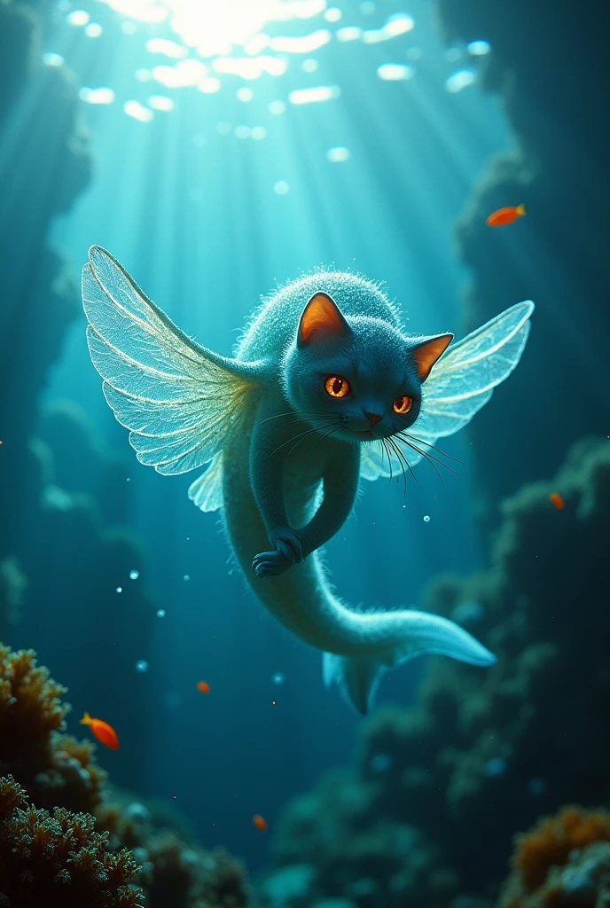 Show me a mutated human creature with the dna's of a jellyfish, shark, cat, sea bunny and sea angel