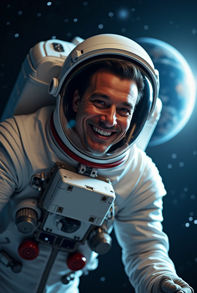 Create a highly detailed and realistic image of Silvio Santos, the famous Brazilian television presenter, with his signature smile and distinctive hairstyle. He should be depicted as an astronaut, wearing a reflective space helmet and a modern spacesuit with technological details, while maintaining his recognizable facial features and charismatic expression. The background should be a captivating outer space scene, featuring stars, distant planets, and perhaps a glimpse of Earth in the distance. Ensure the lighting and shadows are consistent with the space environment, and that the image captures both his iconic personality and the awe-inspiring setting.