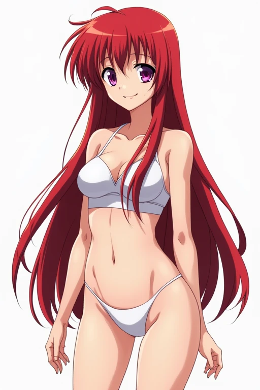 official style, lunamaria hawke (gundam seed), gundam seed, very aesthetic, best quality, intricate, overall detail, 1 girl, red hair, purple eyes,white panty, standing, light smile, simple background, facing the front, straight-on, close to viewer, cowboy shot, face focus, intricate, hyper-detailed, 100-layer, amazing quality, excellent, {{{{ultra-high resolution}}}}, {{{hi-vision anime}}},