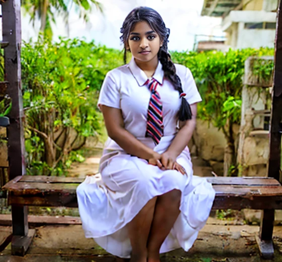 girl, couple, curvy body, large breast size,18 years old Sri Lankan school girl wearing a white frock and colorful tie, with perfectly braided hair in plaits, barefoot, hyper realistic, cinematic look, detailed body parts with correct anatomy, realistic lightning, hyper realistic skin details, barefoot, full body shot