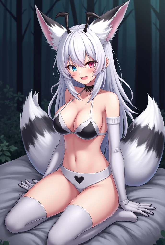 [One Fox Girl, Hot, Sexy Body, Blue and Red eyes, White heart Underwear, Romantic, Smile, eyes slightly closed, White Hair, Big Wings, Two Black Horns, Long Hair, Big Fox Ears, Two black and White Big Fox Tails, Skinny, Perfect Boobs, Big Boobs, Adult, Tall, Blushing, Happy, Big White Furr Collar, Abs, Legs apart, In Forest, Night, Sit On Bed, Silly, Blush, White Long Gloves Paws, White Long Socks Paws]