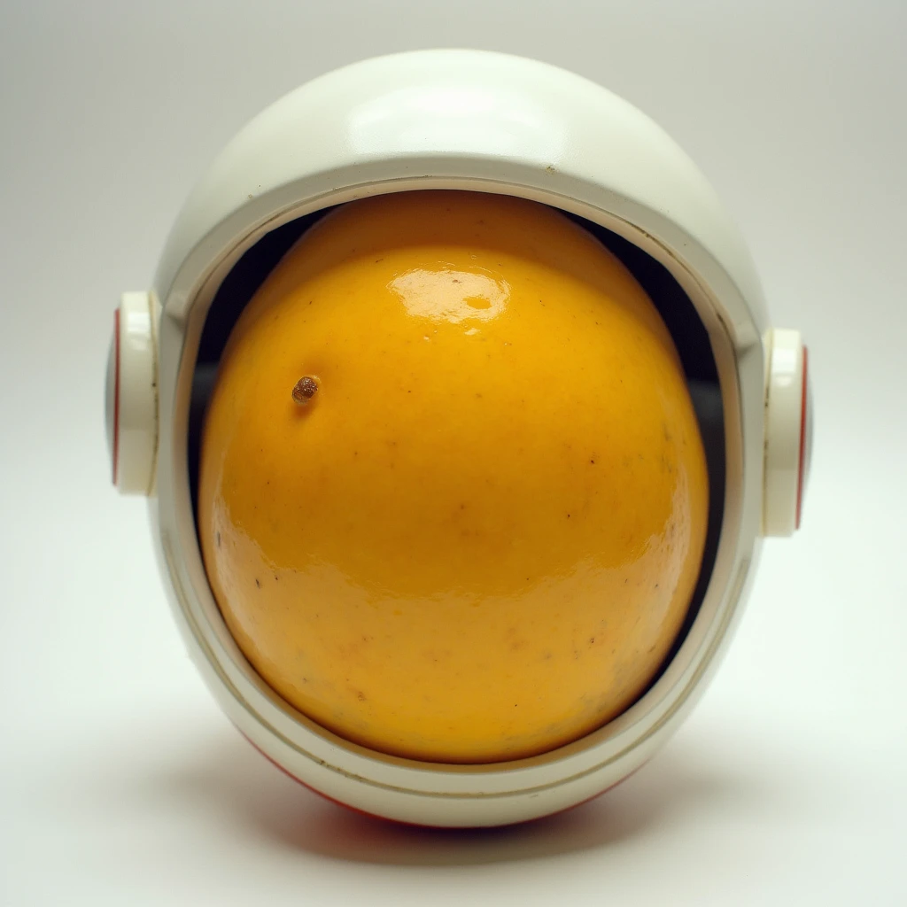 Mango fruit wearing an astronaut helmet on its head