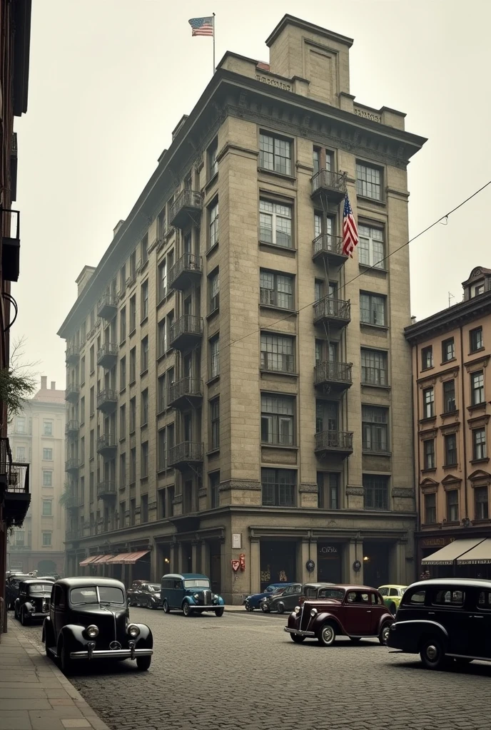 Give me a picture of a building with apartments from the outside in the style of the second world war 

