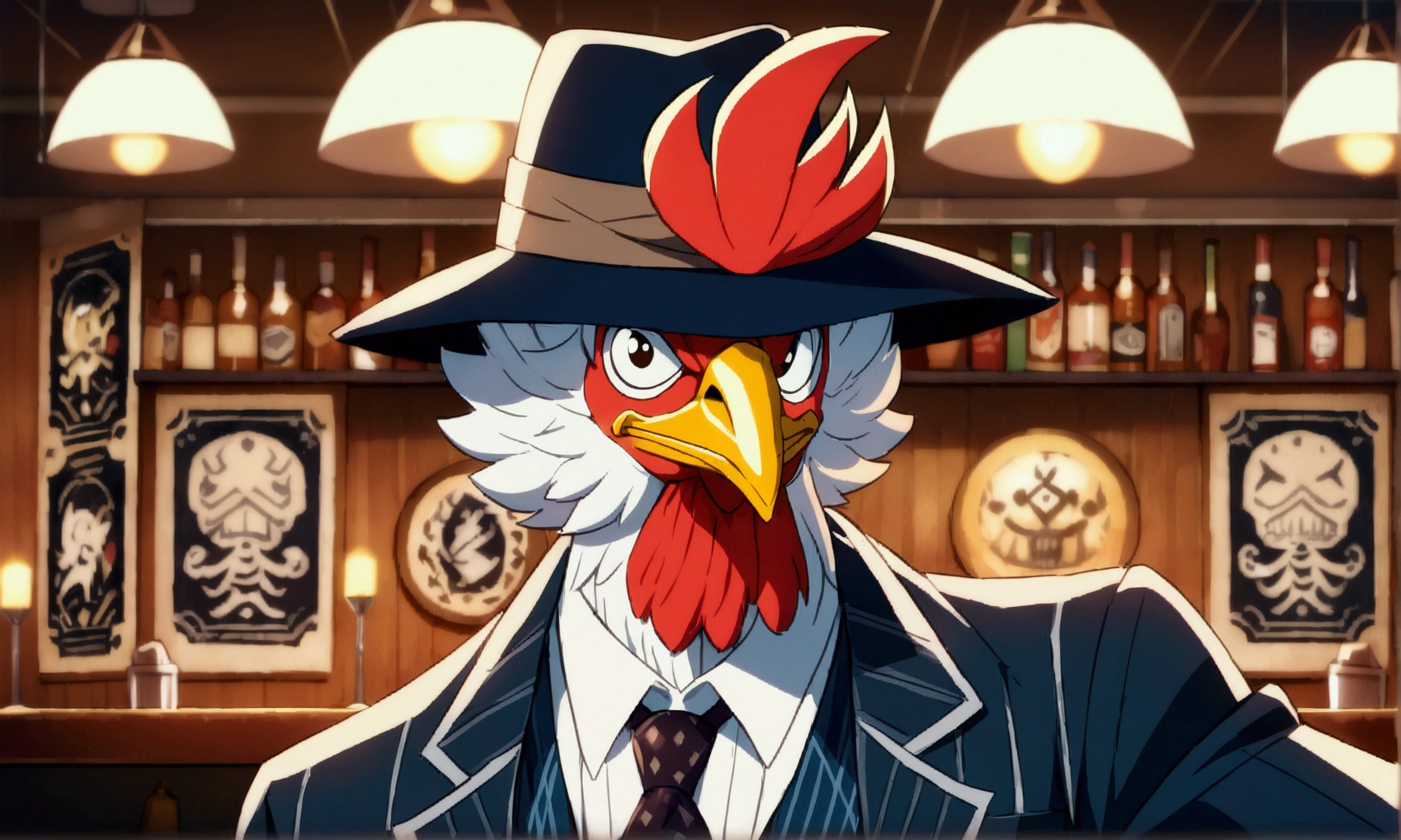 A stylish rooster, dressed as a 1920s mobster, wearing a stylish suit, fedora hat, confident and imposing expression, The background is an old bar environment, ((Intricate anime character design inspired by One Piece)), ((Stunning lighting)), ((Fine lines)), ((Stunning focus)), ((Stunning face)), ((Detailed focus)), ((Detailed background)), ((Ultra-fine 2D design)), ((Creative scenery)), ((2D masterpiece)), ((Best quality), ((8K anime style))