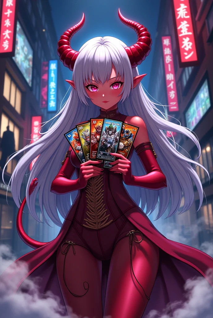 Anime style demon girl, holding cards of Kamen Rider Ryuki