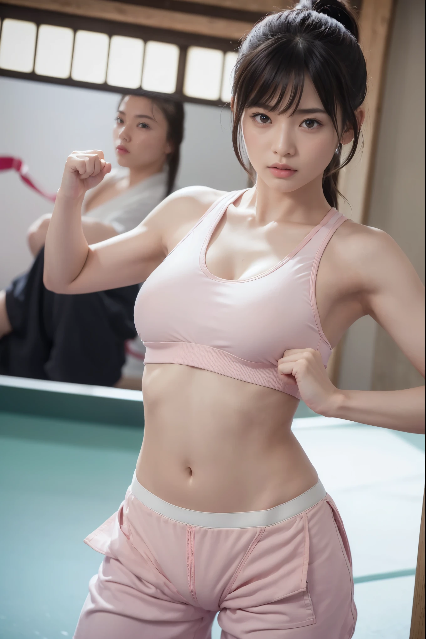 (I can see a sporty bra)、(((Sexy pink Karate singlet clothes)))、Female karateka with bangs and ponytail、Visible navel and lower chest、shiny skin、((shy face))、((Turn your face away))、((look sideways))、((face is flushed))、(Watery eye)、cry、(((Karate Dojo)))、((delicate pictures))，(Masterpiece detailed RAW photos:1.25), (highest quality:1.6), (Super high resolution:1.5), (realistic:1.75), 8K resolution, Canon EOS R5, 50mm, absurd, super detailed,cinematic lighting、((Sporty panties are visible))、(((The pants are taken off)))、