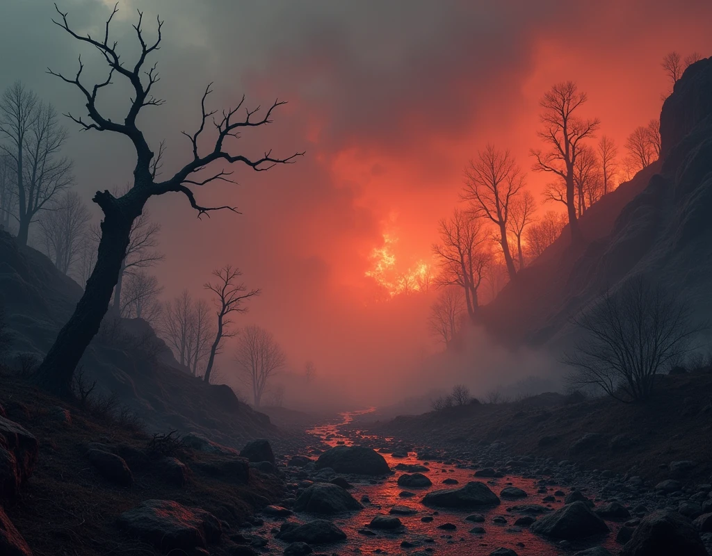 (Mysterious fog:1.5),A terrifying landscape visualization of the concept of hell., Often depicted in literature and mythology., full of molten lava, rocks, fire, and smoking, in grotesque shades of red, orange, ?????, and ash grey. The foreground contains thorny vines and skeletal trees.., As threatening clouds loom over the horizon. The overall atmosphere is eerie and creepy...