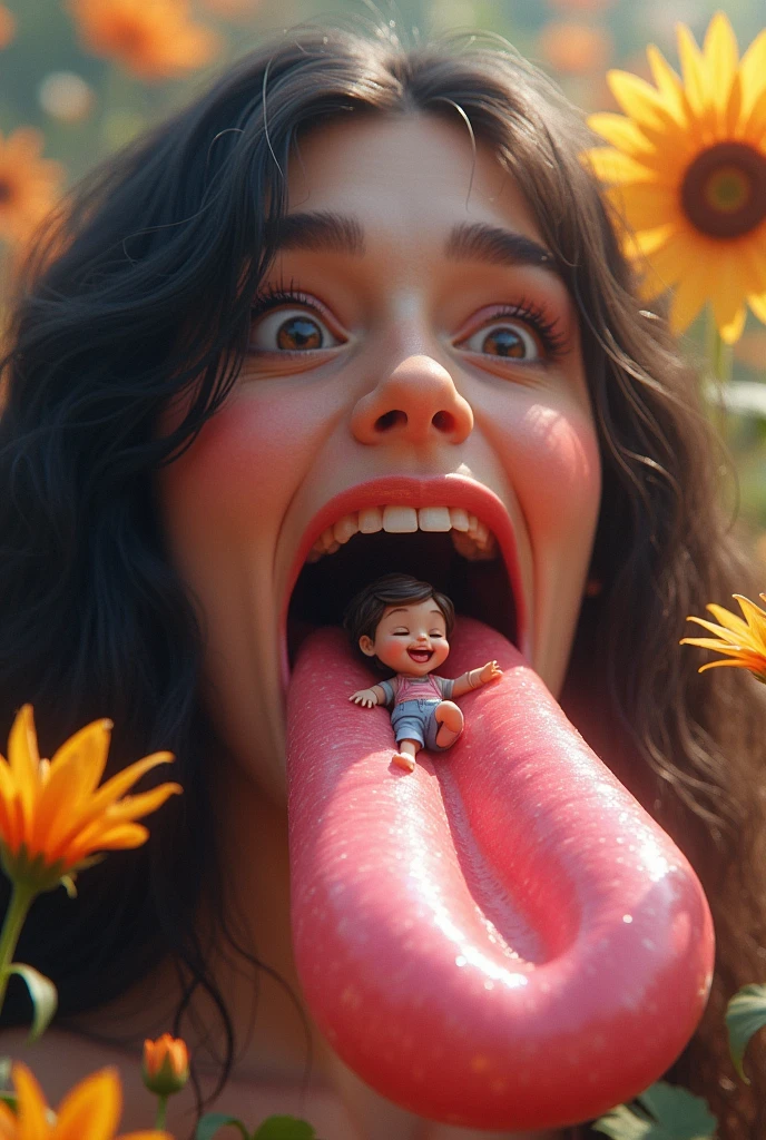 Tiny teenager lying on a giant woman's giant tongue