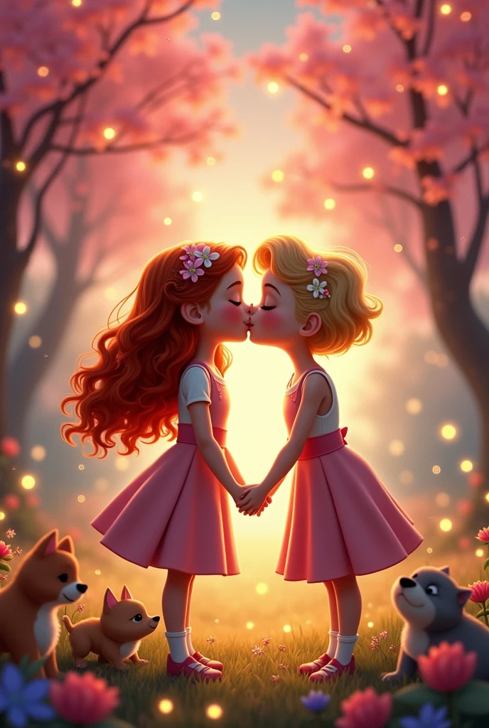 Two girls kissing in a Disney style
