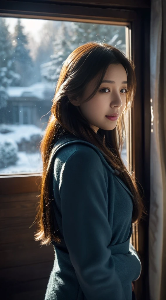 Use artificial intelligence to create high-quality images, Featuring advanced levels of detail and cinematic style. Imagine being in a snowy night scene,An elegant Asian woman walks slowly through the snow。She wore a gorgeous dark blue gown,Long hair draped over the shoulders,Fluttering slightly。Her face was as white as snowflakes in the moonlight,Eyes shining with tranquility and gentleness。
woman's feet,Snowflakes drift gently with every step,left deep footprints。She looked up at the stars,The eyes reveal awe of nature and intoxication with beauty。Holding a white snowflake in hand,It seems to complement her temperament。
A soft light shines from the cabin behind the woman,Light gauze curtains hang on the windows,The interior is warm and peaceful。Smoke rises in the night sky,Complementing the figure of a woman,Create a poetic picture。In the silence of this snowy night,Woman merges with nature,Together we write a beautiful chapter of this snowy night。
