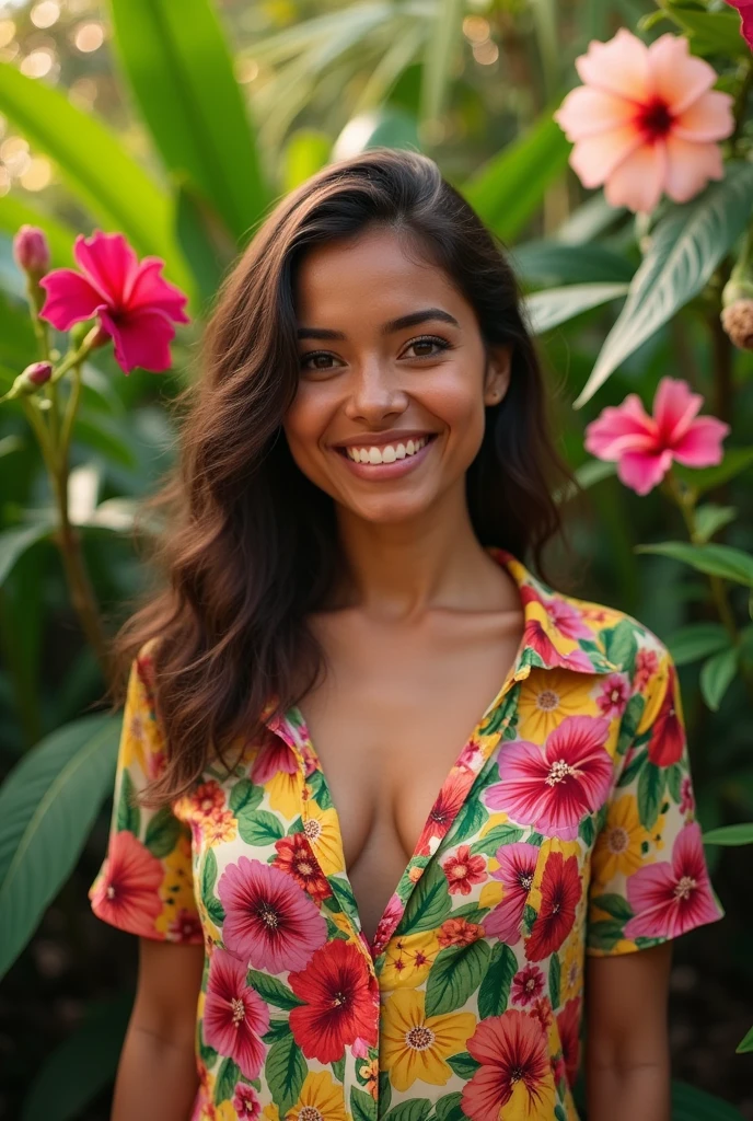 A Brazilian woman in a lush tropical garden, wearing an open shirt with a floral print, with a close-up capturing the harmonious beauty between her breasts and the natural flowers, showing off your natural charm and outgoing personality.