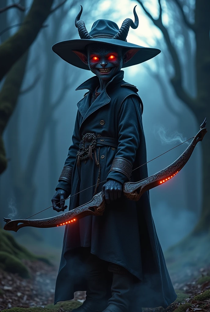 Young adult demon with a crossbow and a duster with hat