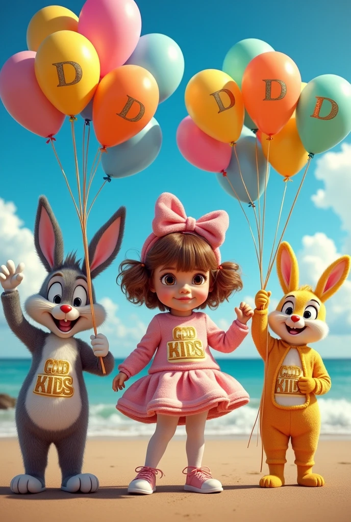 Cartoon or Looney Tunes characters wearing designer clothing, with a brand name on the clothes that says DGOLD KIDS.
The characters are holding balloons that also say DGOLD KIDS, the balloons are colorful, and the letter D is gold colored with a slight shine.
