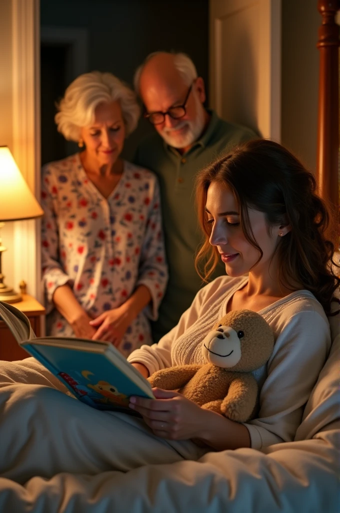 A woman around 40 years old is lying in bed, holding a soft stuffed animal in one hand and reading a children's storybook with the other. The book is open on her lap, showing colorful illustrations. In the doorway of the bedroom, her parents, an elderly woman and man in their 70s, are watching her with tender smiles. The room is warmly lit, with a night lamp on a bedside table next to the bed, creating a cozy and comforting atmosphere