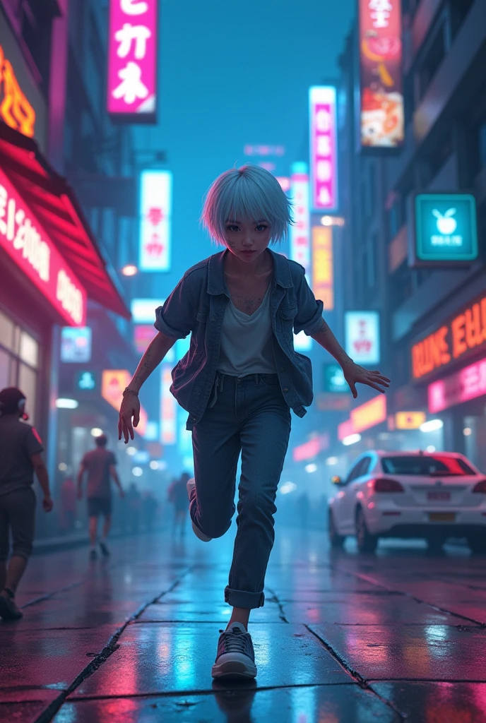 Young adult Asian girl Alvina with short white hair. Gray shirt and pants, with scars escaping the police in a futuristic city with neon glow all around and a trail, cyberpunk anime style