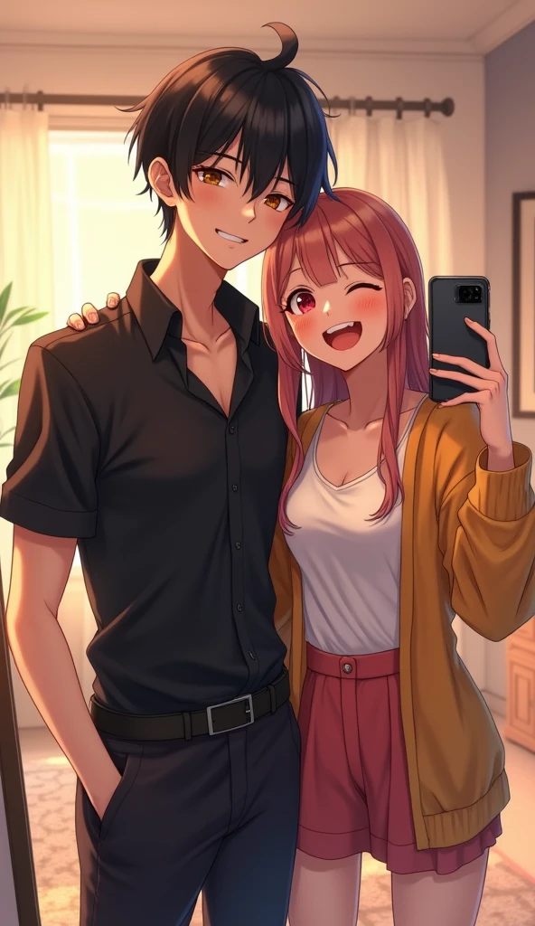 Create an image of a 21-year-old anime boy and his 21-year-old sister taking a mirror selfie together. The boy, dressed in a modern black shirt, stands confidently beside his sister, who has a playful and cheerful expression. They are both facing the mirror, with the sister holding the phone to capture the moment. The background is a stylish, well-lit room, reflecting their close sibling bond and the fun, relaxed atmosphere of the scene.
