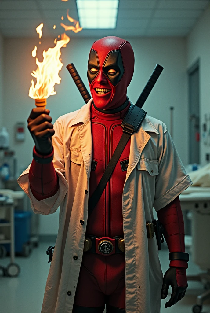 Deadpool grabbing a torch with a hospital gown