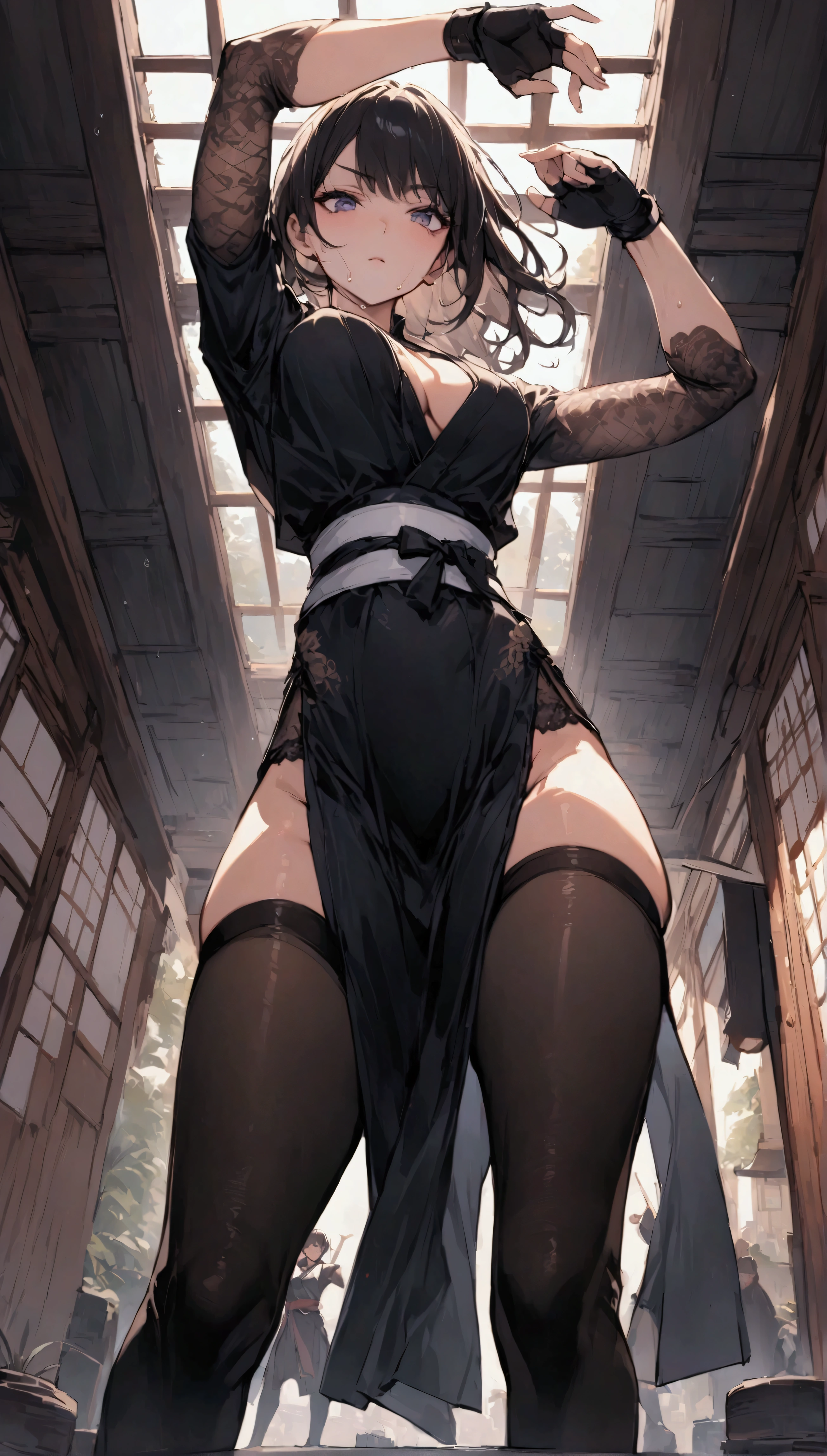 from below,cowboy shot,dutch angle,{{masterpiece}}, {{{best quality}}},{{ultra-detailed}}, {{illustration}}(Beautiful and fine eyes)、female martial artist, Elegant Fighting Pose,fingerless gloves,pelvic curtain,Black pantyhosens,martial arts belt,short boots,Lace-patterned arm cover,sweating ,{Inside the Japanese Dojo:1.4}}