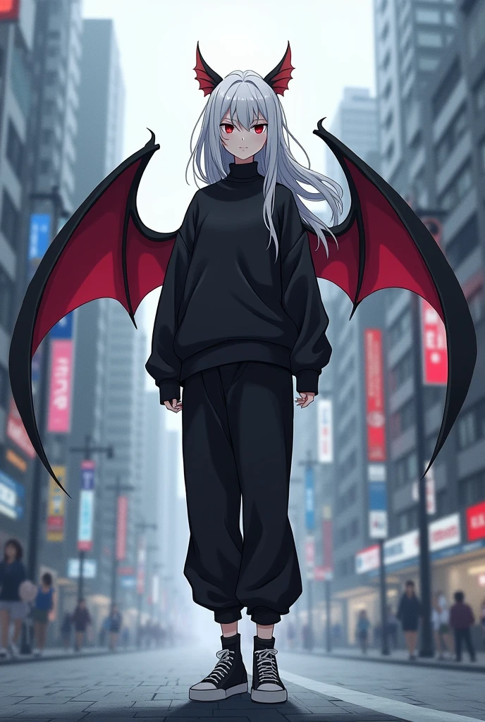 Character&#39;s Name: Kizuro
Age: 
Height: 1 meter and 75 centimeters
Weight: 60kg
Skin color: Pale
Eye color and shape: Sharp red eyes with slight eyeliner on the corner
Hair color and format: White hair that reaches halfway down their legs and is parted in a fringe that covers their left eye.
Extremely feminine face.
Black bat wings with red interiors on the back.
Clothing: Kizuro wears a long-sleeved black blouse with a turtleneck, a black sweatshirt on top, slightly loose black pants that go all the way down, but they don't go beyond black sneakers with black soles and laces
Anime style art
Kizuro is in a big city with cloudy weather