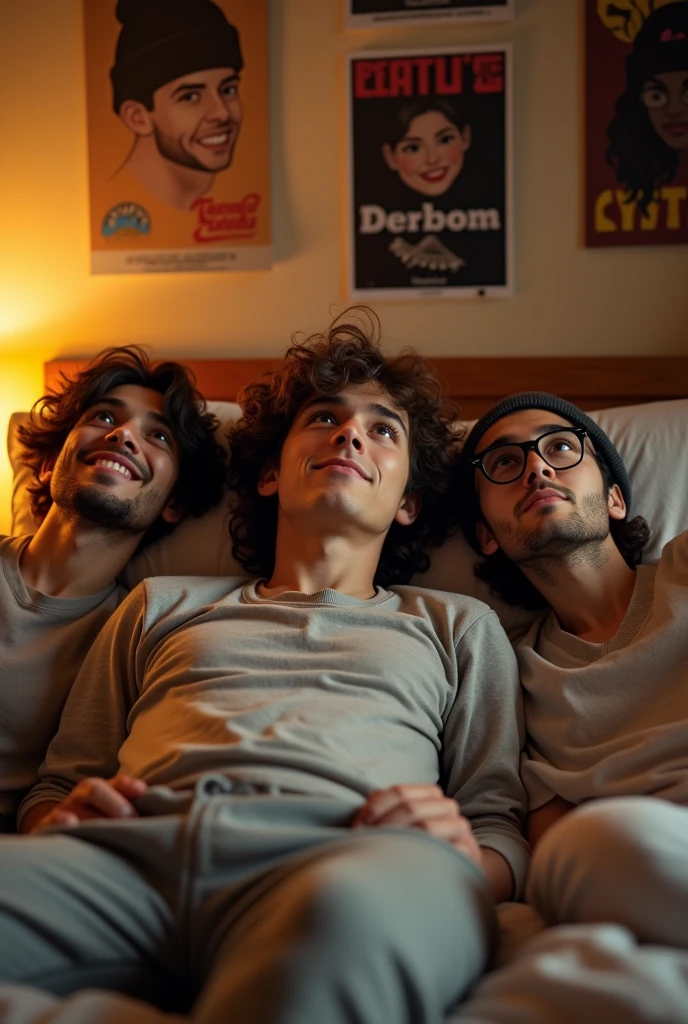 (photorealism:1.2), Young man lying in the middle of his double bed, imagining his two friends lying on either side of the bed and him in the middle.

