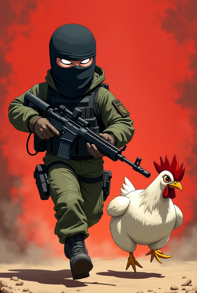 Create an image of a counter strike 2 terrorist, holding a sniper in one hand and chasing a chicken with a red background and an anime face