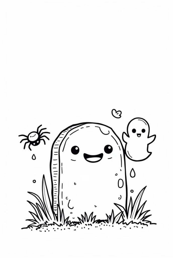 Cute and kawaii halloween simple tombstone coloring Page, simple for toddlers, bold and easy, black bold lines White background, for a coloring book black and white, líne art, only outlines, but the design is simple and bold, no greyscale