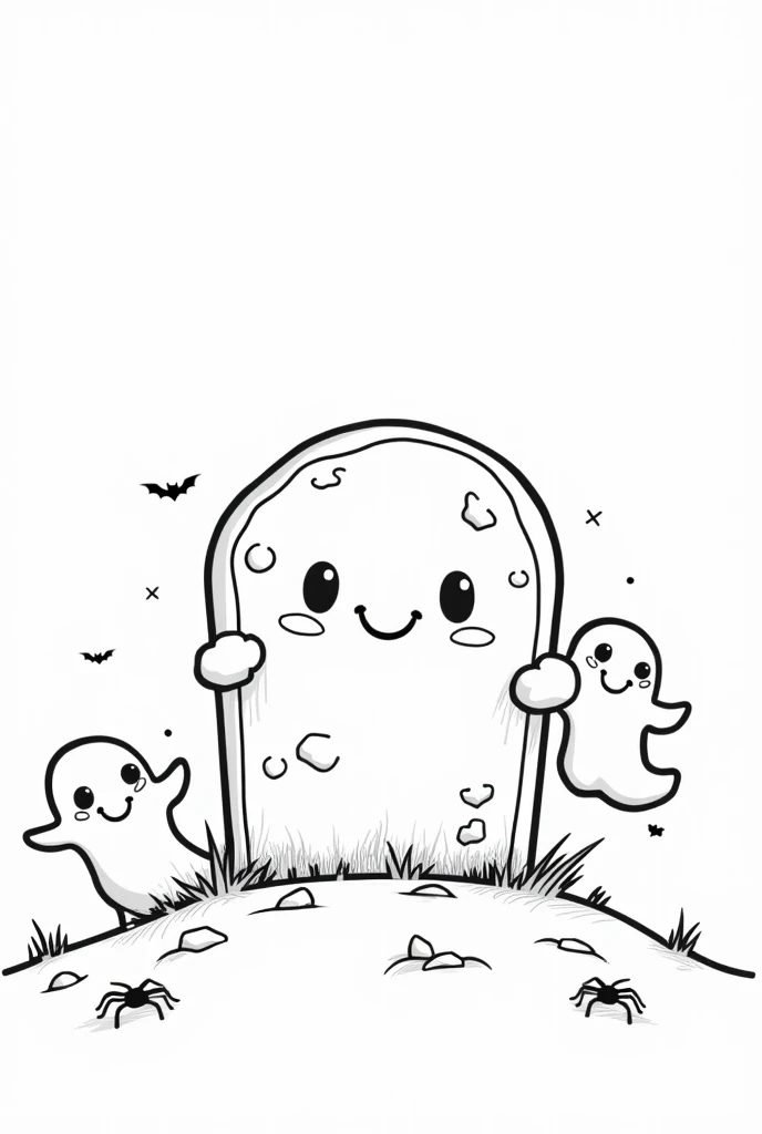 Cute and kawaii halloween simple tombstone coloring Page, simple for toddlers, bold and easy, black bold lines White background, for a coloring book black and white, líne art, only outlines, but the design is simple and bold, no greyscale