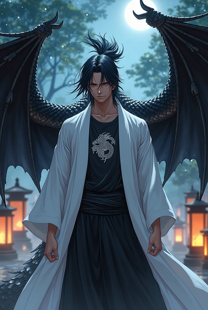 Um homem com escamas negras e uma asa estravagante de dragão cabelos negros com pontas mechas brancas e longos com uma no estilo de um アニメ, usando um quimono branco parecidas com as dos capitães do アニメ bleach e uma camiseta preta com símbolos de dragão branco. Illustrated RPG concept art style, アニメ, with striking lighting and heavy shadows