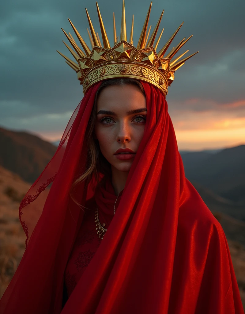 lady in red veils her face and has a large golden spiked crown, in the style of celestial fasion, otherworldly beauty, davide sorrenti, celestialpunk, album covers, fra angelico, aykut aydogdu, queencore, golden age aesthetics