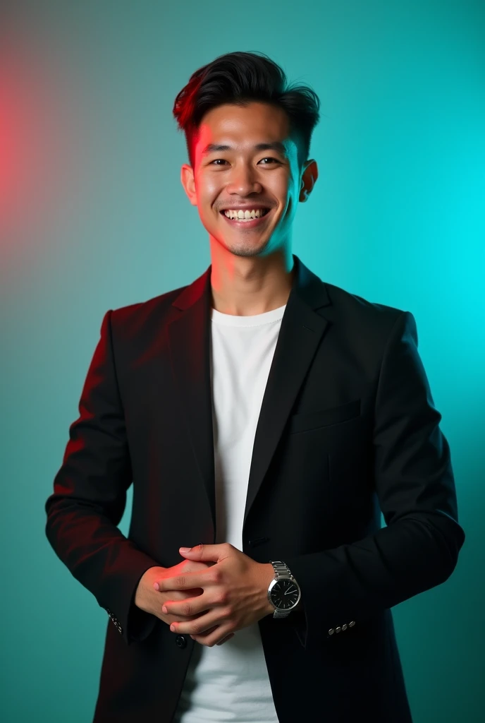 A young man with dark hair and a confident smile. He is dressed in a black blazer over a white shirt. The man is positioned against aqua colour backdrop with a subtle red lighting on the left side. and he posing for Linkedin profile