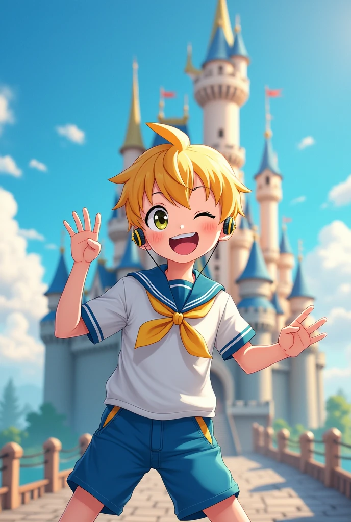 1 boy, (male child), 10 year old, (Kagamine Len), cowboy shot, earphone, sailor uniform, collar tie, shorts, grin, happily grin, full-face blushed, eyes winked, fantasy castle backgroun