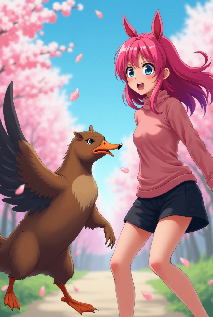 A duck fighting a capybara, and behind, in the background a woman with pink hair, blue colored eyes, pink sweatshirt, and a short black skirt watching the fight from afar. Japanese anime style art