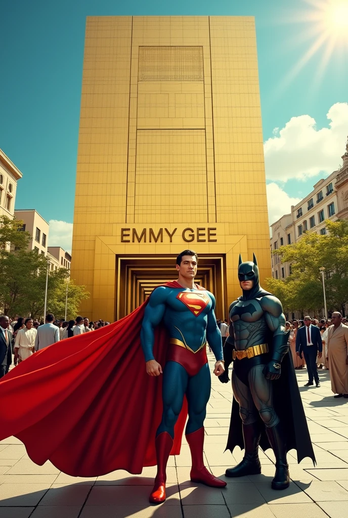 A very Beautiful building built with Gold and a name on it "EMMY GEE" Superman, batman, and the prisedent of Nigeria was standing in front of it