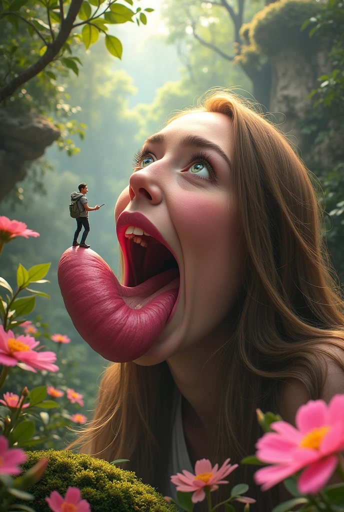 Tiny man lying on giant woman's giant tongue