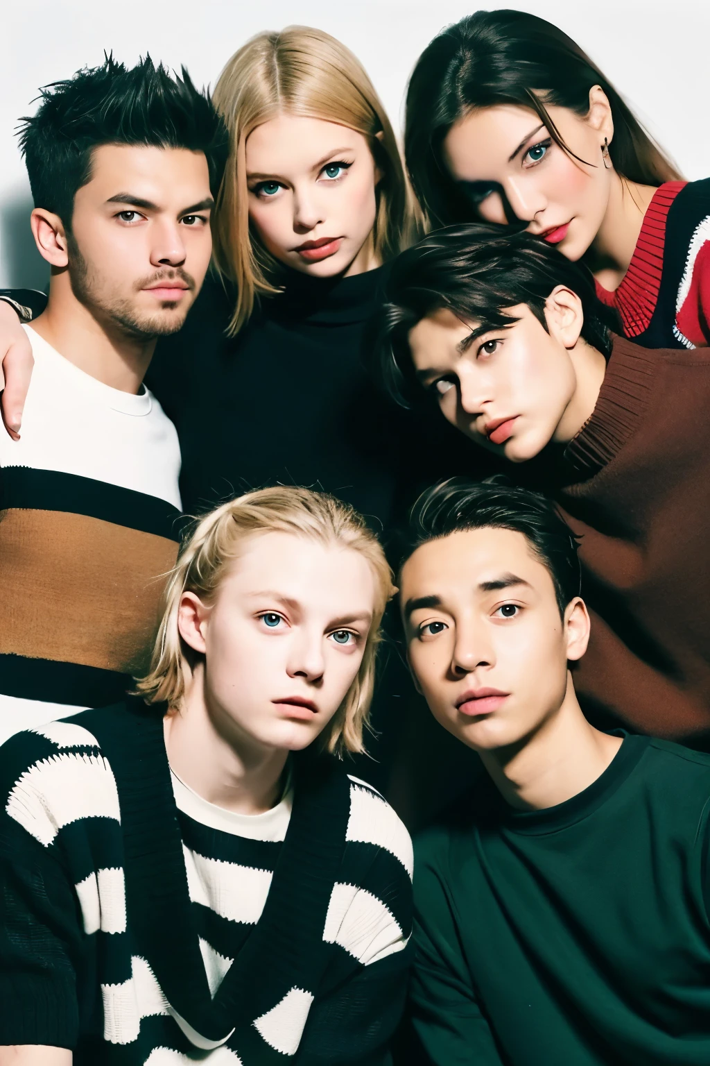 Create an image of 5 people, 2 girls and 3 boys, who appear to be 19 years old.. a blonde girl, with blue eyes and a black ribbon tied on his wrist, a brown boy, with green shoes, with a small blue shadow over his head, a black-haired girl with a queen of hearts card in her hand, a dark-haired boy with a striped sweater