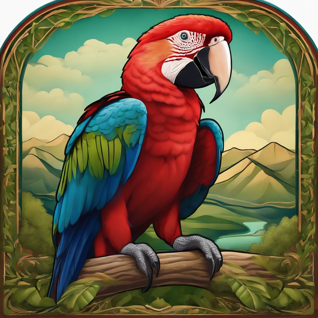(high quality), Round logo, green mountain in art nouveau style, crimson macaw, smoothed edge, realistic blue clouds