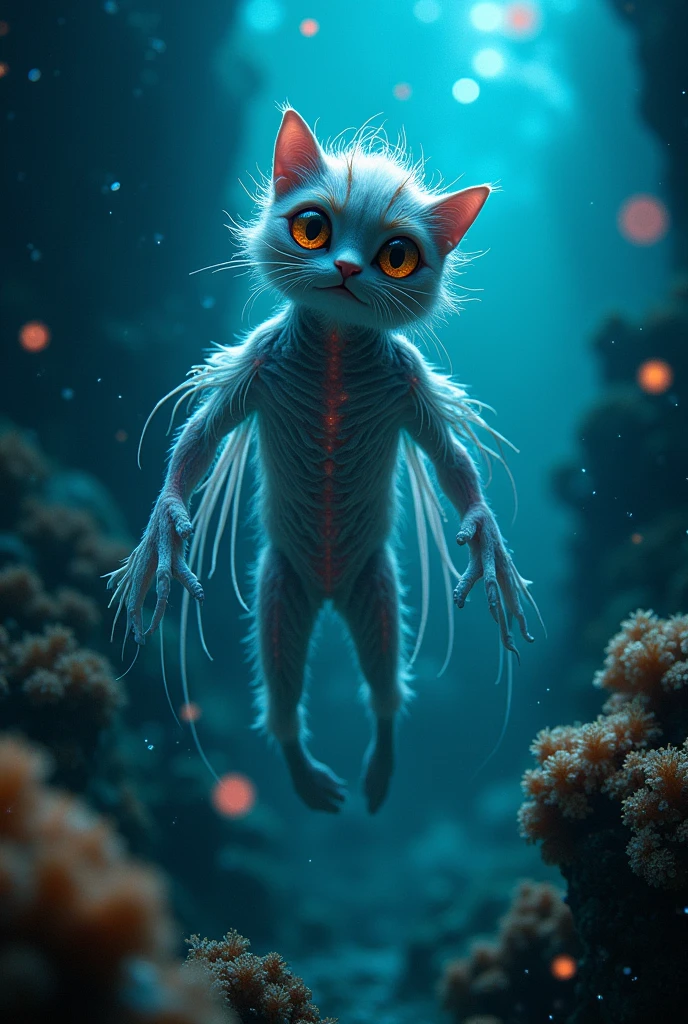 Show me a mutated human creature with the dna's of a jellyfish, shark, cat, sea bunny and sea angel like Sebastian solace from the roblox game pressure