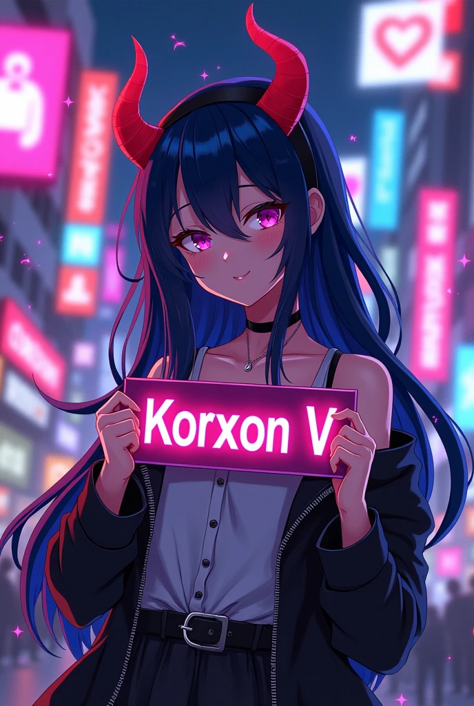 Anime style demon girl, holding a nameplate: Korxon V.
With social media background.
