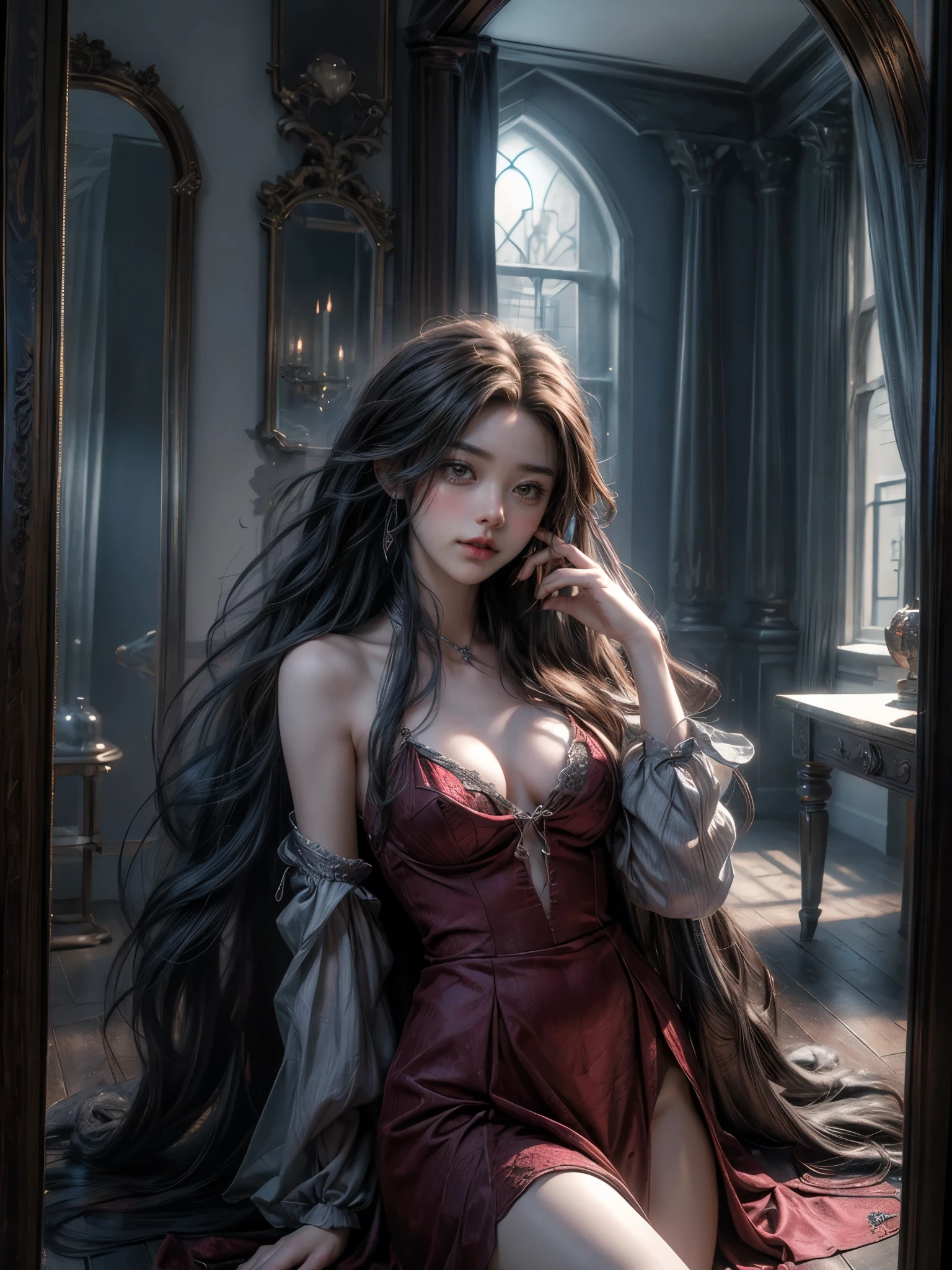 ((masterpiece, highest quality, Highest image quality, High resolution, photorealistic, Raw photo, 8K)), women, long blue hair, vampire, mirror, castle room, two arms