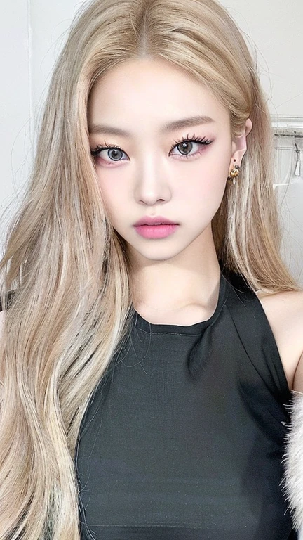 A closeup of a woman with long blonde hair wearing a black top, lalisa manobal, with long hair and piercing eyes, ulzzang, portrait of Kim Petras, portrait of jossi de blackpink, jossi de blackpink, long blonde hair and big eyes, South Korean popular makeup, Lalisa Manoban of Blackpink, roseanne park by blackpink