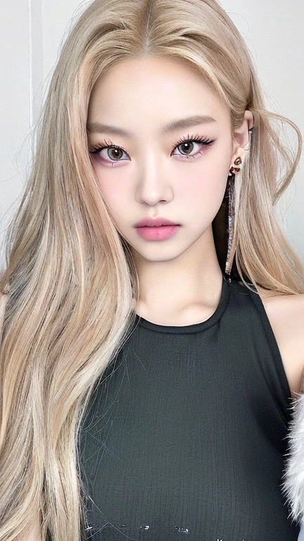 A closeup of a woman with long blonde hair wearing a black top, lalisa manobal, with long hair and piercing eyes, ulzzang, portrait of Kim Petras, portrait of jossi de blackpink, jossi de blackpink, long blonde hair and big eyes, South Korean popular makeup, Lalisa Manoban of Blackpink, roseanne park by blackpink