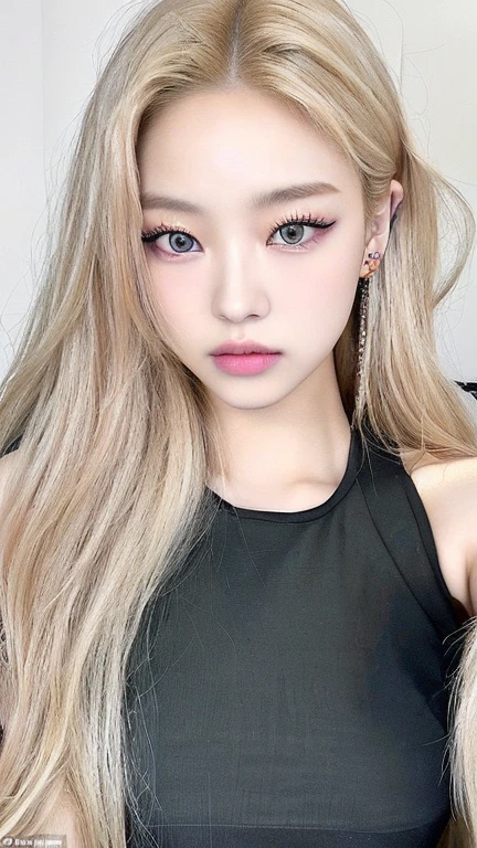 A closeup of a woman with long blonde hair wearing a black top, lalisa manobal, with long hair and piercing eyes, ulzzang, portrait of Kim Petras, portrait of jossi de blackpink, jossi de blackpink, long blonde hair and big eyes, South Korean popular makeup, Lalisa Manoban of Blackpink, roseanne park by blackpink