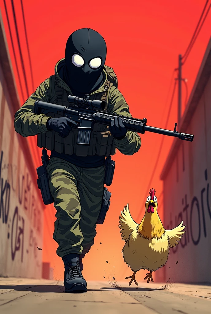 Create an image of a counter strike 2 terrorist, holding a sniper in one hand and chasing a chicken with a red background and an anime face