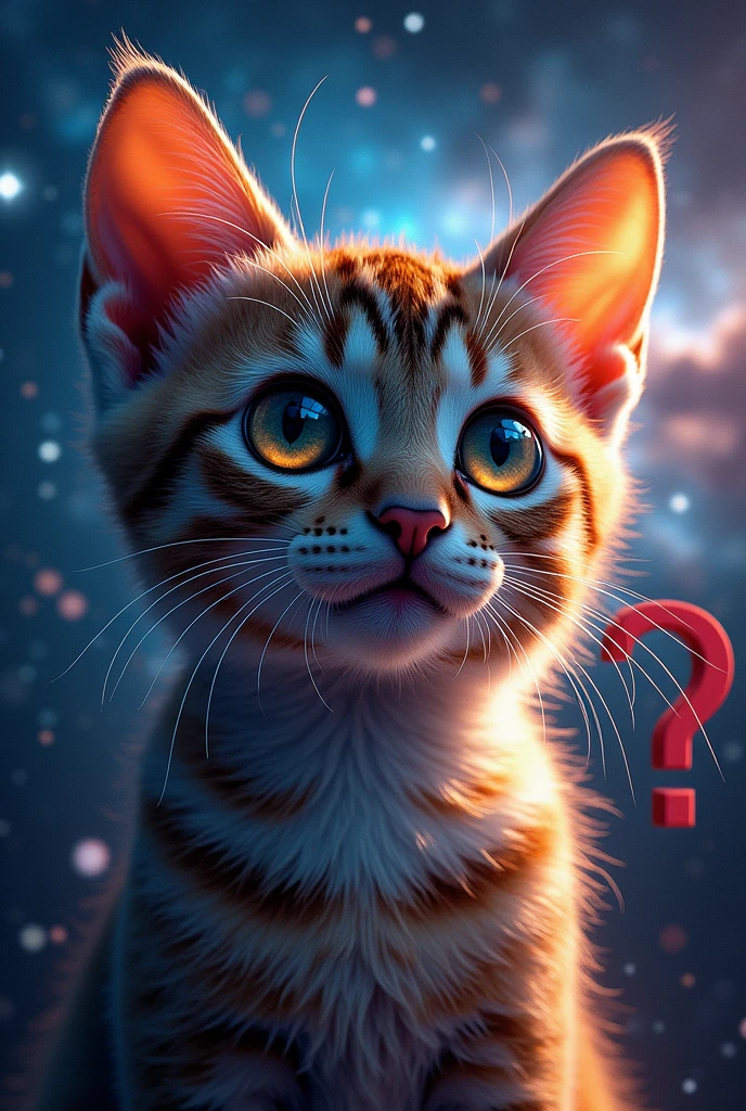 a beautiful detailed close-up portrait of a cat, surrounded by a stunning cosmic background featuring glowing stars and galaxies, a cosmic cat, a large "!?" written in big letters on the screen, detailed fur, detailed eyes, detailed facial features, cinematic lighting, hyper detailed, photorealistic, award winning, intricate details, vibrant colors, dramatic lighting, masterpiece