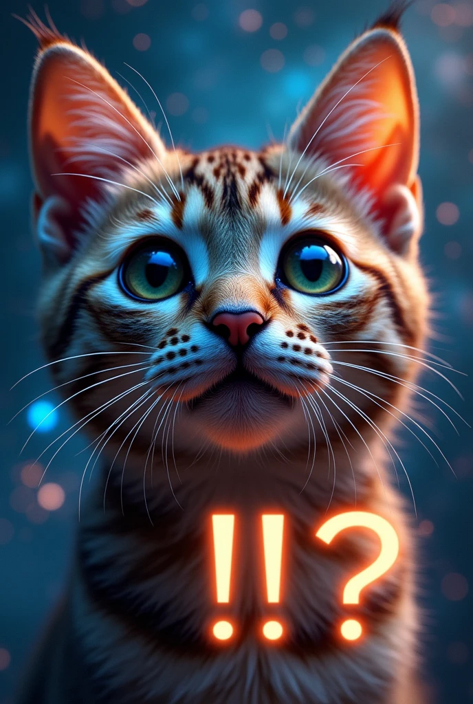 a beautiful detailed close-up portrait of a cat, surrounded by a stunning cosmic background featuring glowing stars and galaxies, a cosmic cat, a large "!?" written in big letters on the screen, detailed fur, detailed eyes, detailed facial features, cinematic lighting, hyper detailed, photorealistic, award winning, intricate details, vibrant colors, dramatic lighting, masterpiece