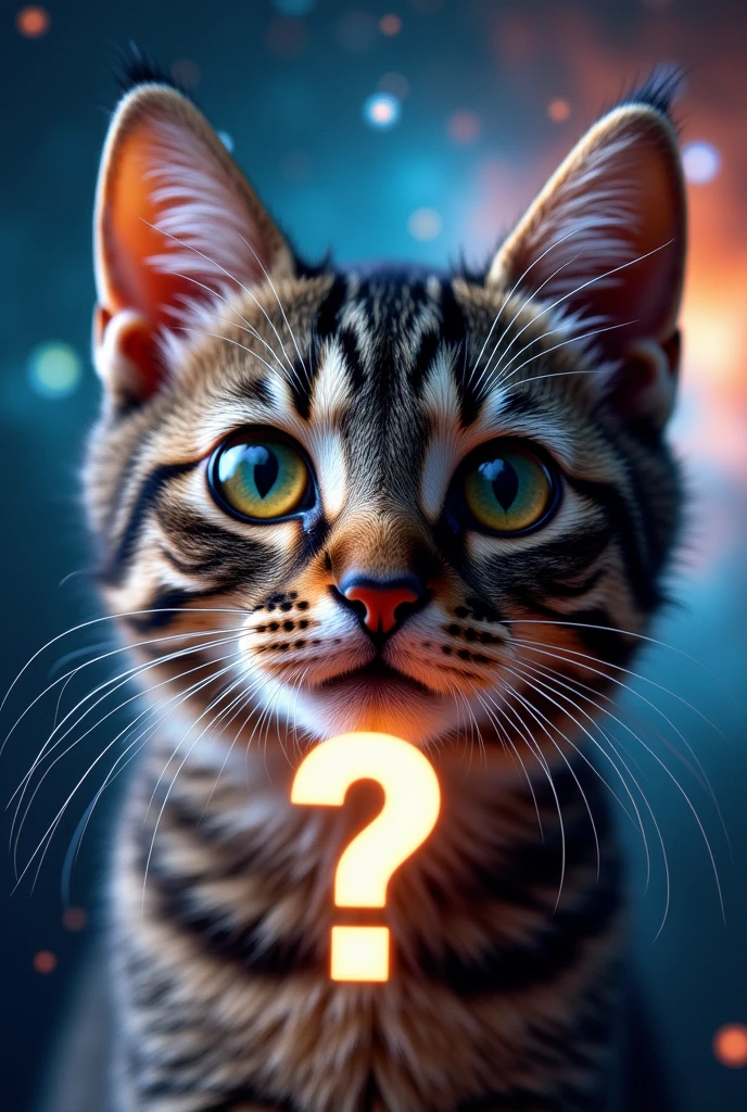 a beautiful detailed close-up portrait of a cat, surrounded by a stunning cosmic background featuring glowing stars and galaxies, a cosmic cat, a large "!?" written in big letters on the screen, detailed fur, detailed eyes, detailed facial features, cinematic lighting, hyper detailed, photorealistic, award winning, intricate details, vibrant colors, dramatic lighting, masterpiece