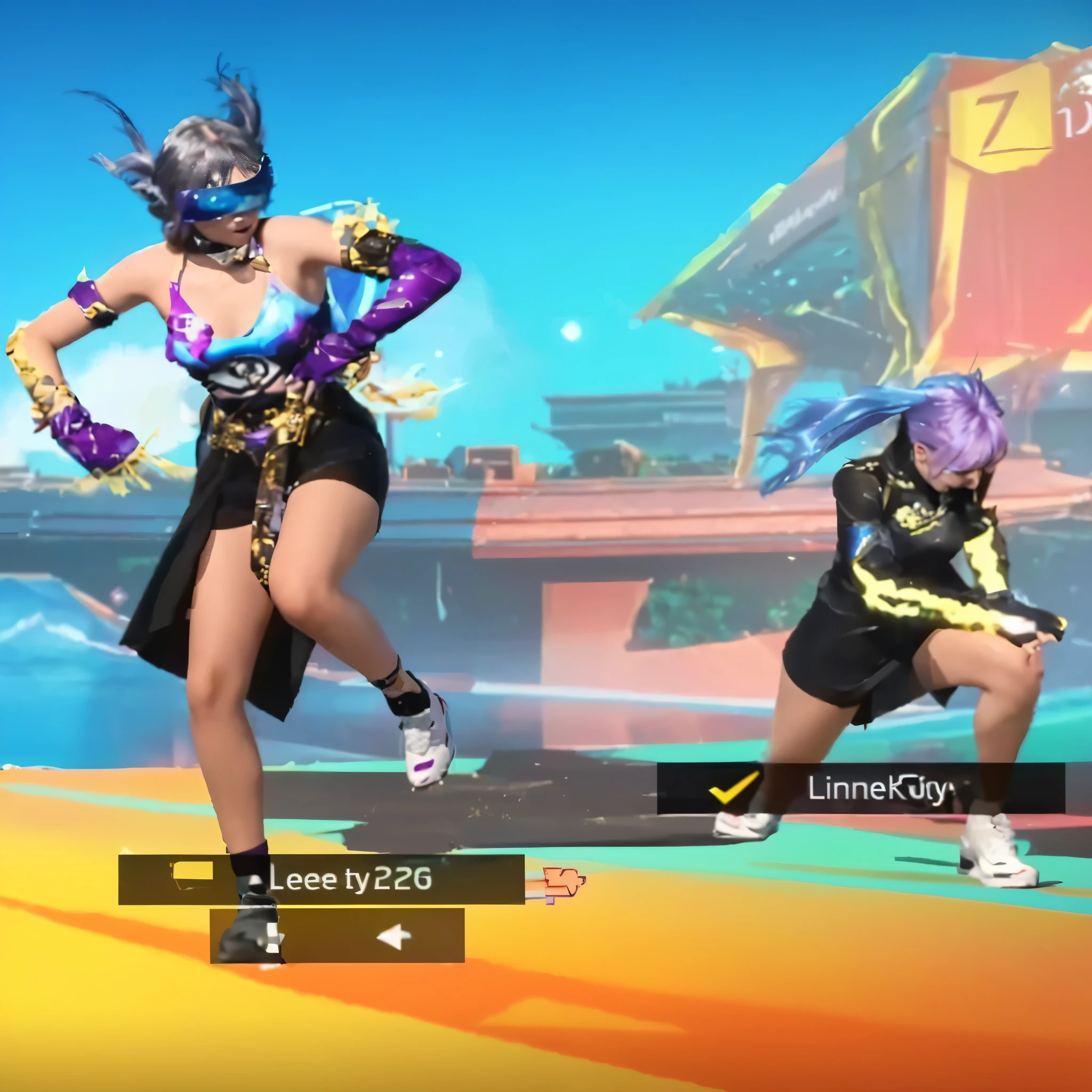 a close up of two women in costumes on a stage, lunar themed attire, lag in the game, kda and sam yang, in game style 8k, kda, tane skin, multilayered outfit, lol style, slick clammy skin, sneaky, low resolution sync, jumping leaping heroic attack, unreal ungine 5, fashion gameplay screenshot, chrome outfit