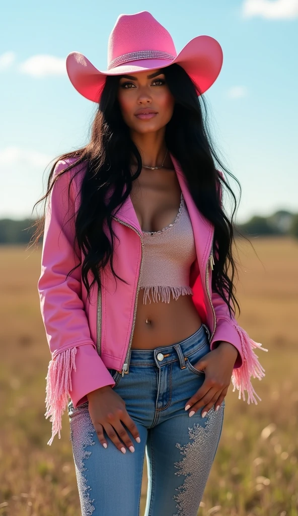 best qualityer, 8k. Extremely beautiful woman, agro girl. She's wearing flared jeans with glitter, a pink jacket with sparkly fringes, and it's a pink hat with glitter. Their hair is black and long, bringing a modern and stylish touch to the country look." She is centered in the middle of the photo looking directly at the camera..