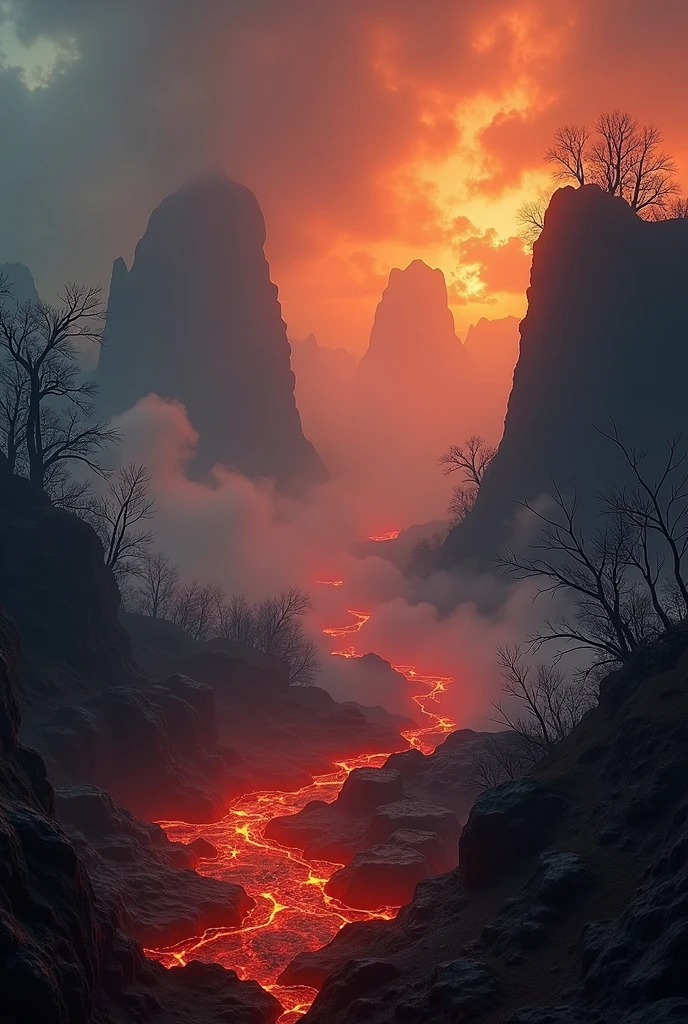 (Mysterious fog:1.5),A terrifying landscape visualization of the concept of hell., Often depicted in literature and mythology., full of molten lava, rocks, fire, and smoking, in grotesque shades of red, orange, negro, and ash grey. The foreground contains thorny vines and skeletal trees.., As threatening clouds loom over the horizon. The overall atmosphere is eerie and creepy...