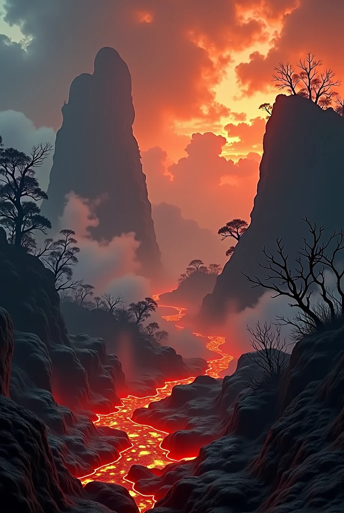 (Mysterious fog:1.5),A terrifying landscape visualization of the concept of hell., Often depicted in literature and mythology., full of molten lava, rocks, fire, and smoking, in grotesque shades of red, orange, negro, and ash grey. The foreground contains thorny vines and skeletal trees.., As threatening clouds loom over the horizon. The overall atmosphere is eerie and creepy...